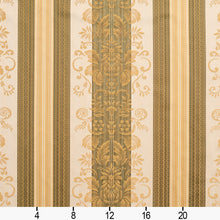 Load image into Gallery viewer, Essentials Upholstery Drapery Damask Stripe Fabric Olive Cream Gold / Juniper Vintage