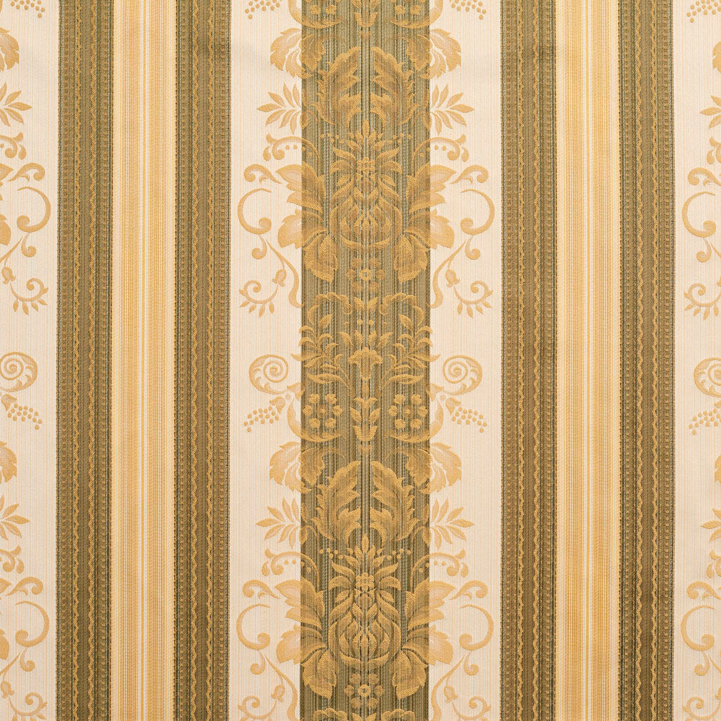 Essentials Upholstery Drapery Damask Stripe Fabric Olive Cream Gold / Juniper Vintage