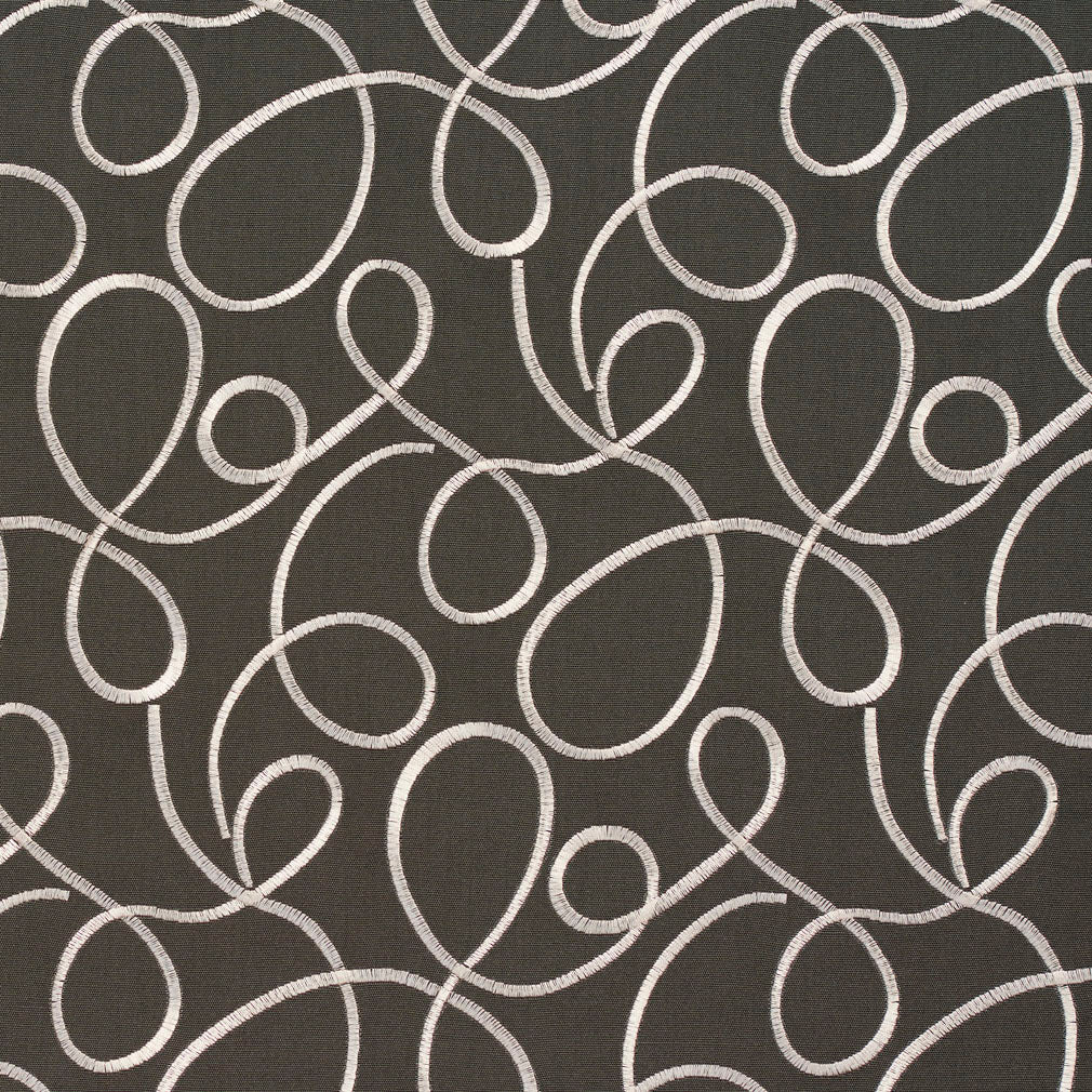 Essentials Linen Upholstery Drapery Fabric Dark Gray White Embroidered Squiggly