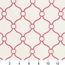 Load image into Gallery viewer, Essentials Upholstery Drapery Embroidered Trellis Geometric Fabric / Coral White