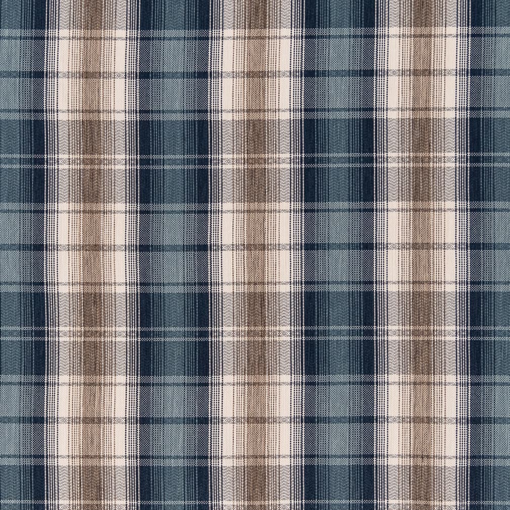 Blue Brown Check Plaid Stain Resistant Upholstery Fabric