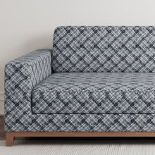 Load image into Gallery viewer, Navy Blue Ivory Geometric Diamond Stain Resistant Upholstery Fabric