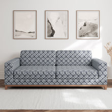 Load image into Gallery viewer, Navy Blue Ivory Geometric Diamond Stain Resistant Upholstery Fabric