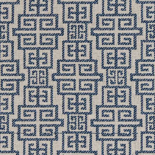 Blue Beige Geometric Greek Key Stain Resistant Upholstery Fabric