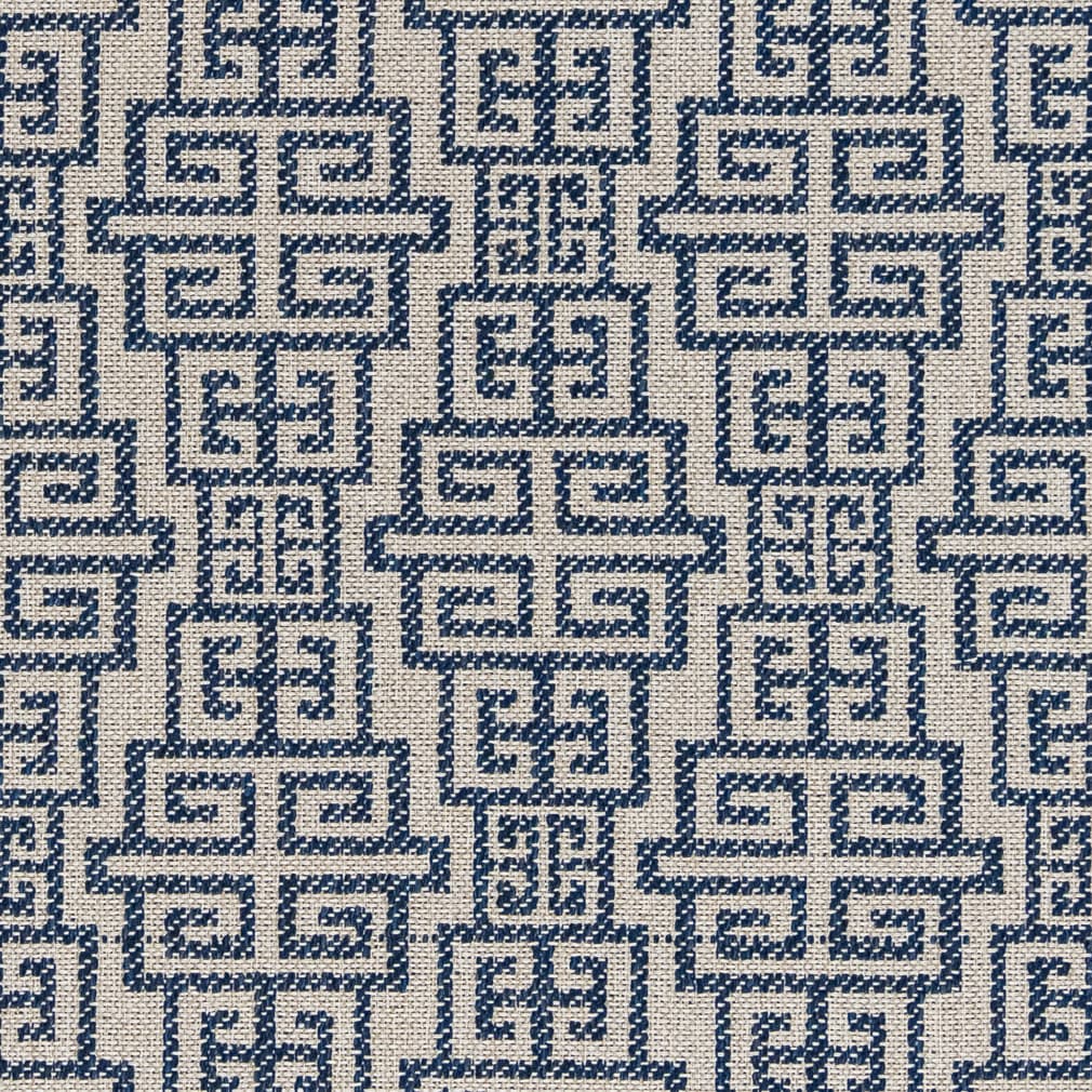 Blue Beige Geometric Greek Key Stain Resistant Upholstery Fabric