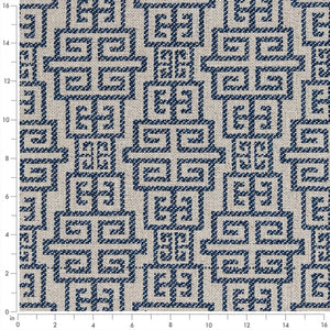 Blue Beige Geometric Greek Key Stain Resistant Upholstery Fabric