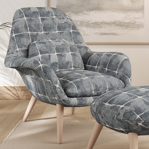 Grey Blue Ivory Check Plaid Stain Resistant Upholstery Fabric