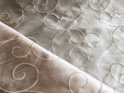 Faux Silk Embroidered Scroll Pattern Cream Neutral Ivory Drapery Fabric / Crema