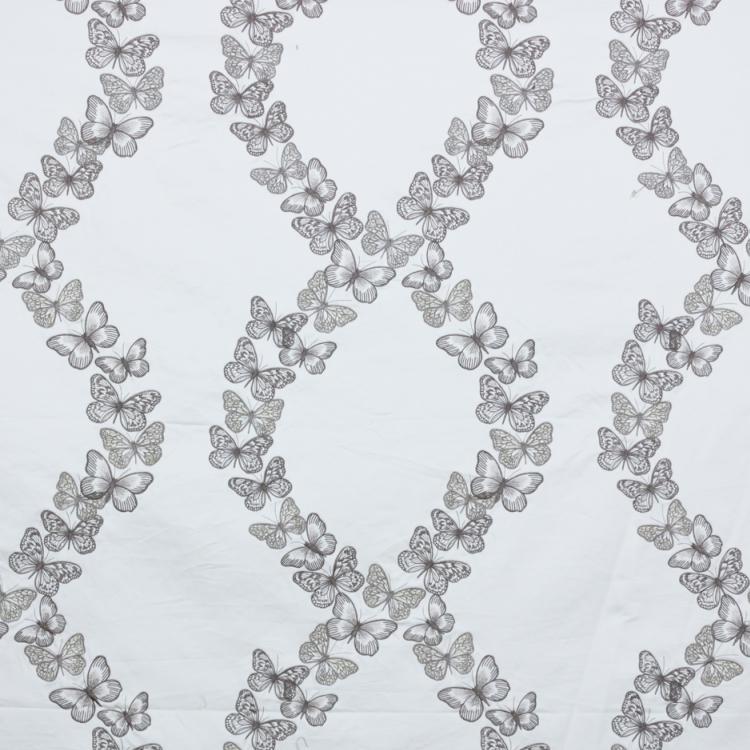 Flight of Fancy Gray Silver Embroidered Butterfly Drapery Fabric / Platinum