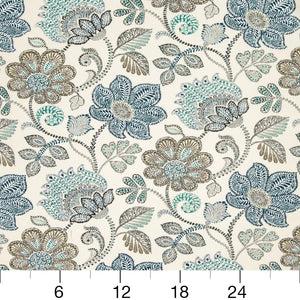 Essentials Outdoor Stain Resistant Floral Upholstery Drapery Fabric Aqua Blue White / Chambray