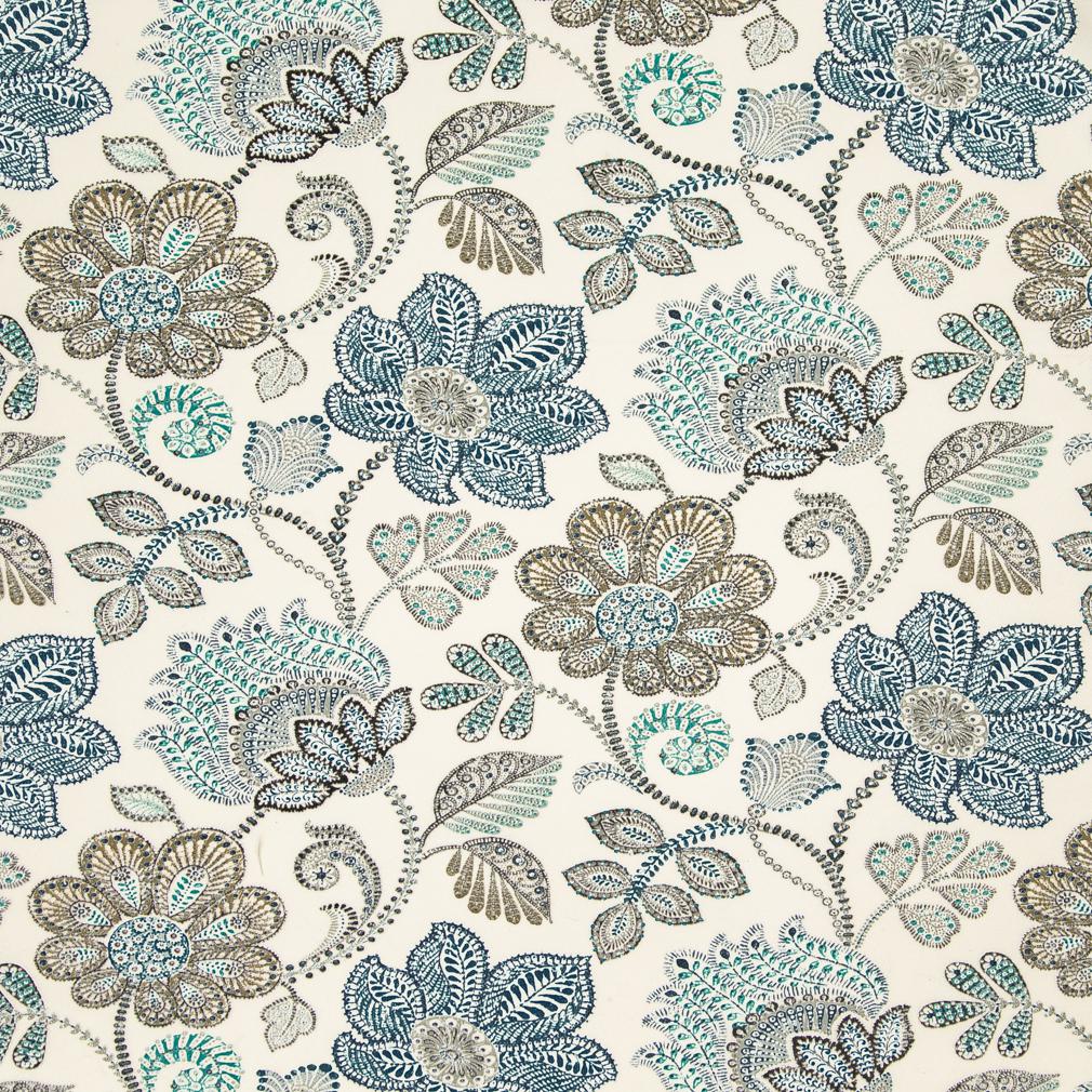 Essentials Outdoor Stain Resistant Floral Upholstery Drapery Fabric Aqua Blue White / Chambray