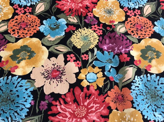 Floral Cotton Drapery Fabric Black Aqua Rusty Red Yellow Blue Sage Green Mustard Yellow Magenta