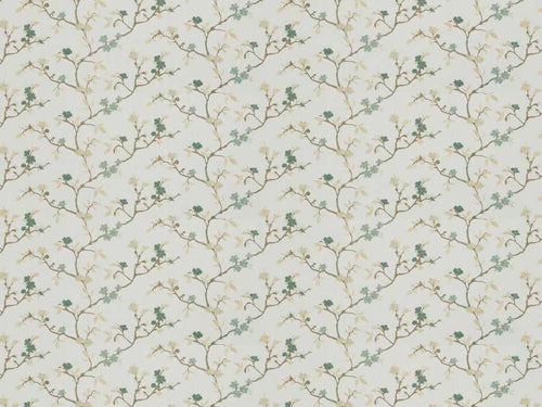 Cream Aqua Blue Beige Embroidered Floral Drapery Fabric