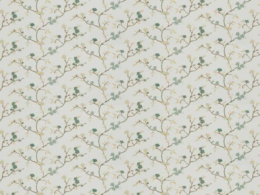 Cream Aqua Blue Beige Embroidered Floral Drapery Fabric