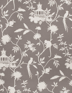 Asian Chinoiserie Pagoda Bird Print Toile Fabric / Grey