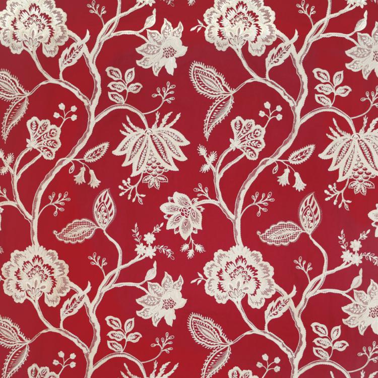 Hampton Court Red Embroidered Jacobean Floral Linen Blend Fabric / Firethorn