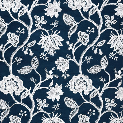 Hampton Court Navy Blue White Embroidered Jacobean Floral Linen Blend Fabric / Navy