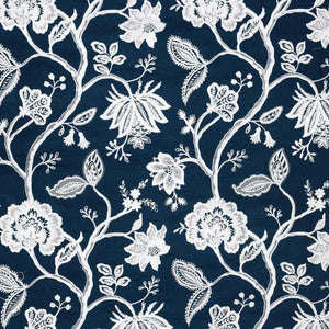 Hampton Court Navy Blue White Embroidered Jacobean Floral Linen Blend Fabric / Navy
