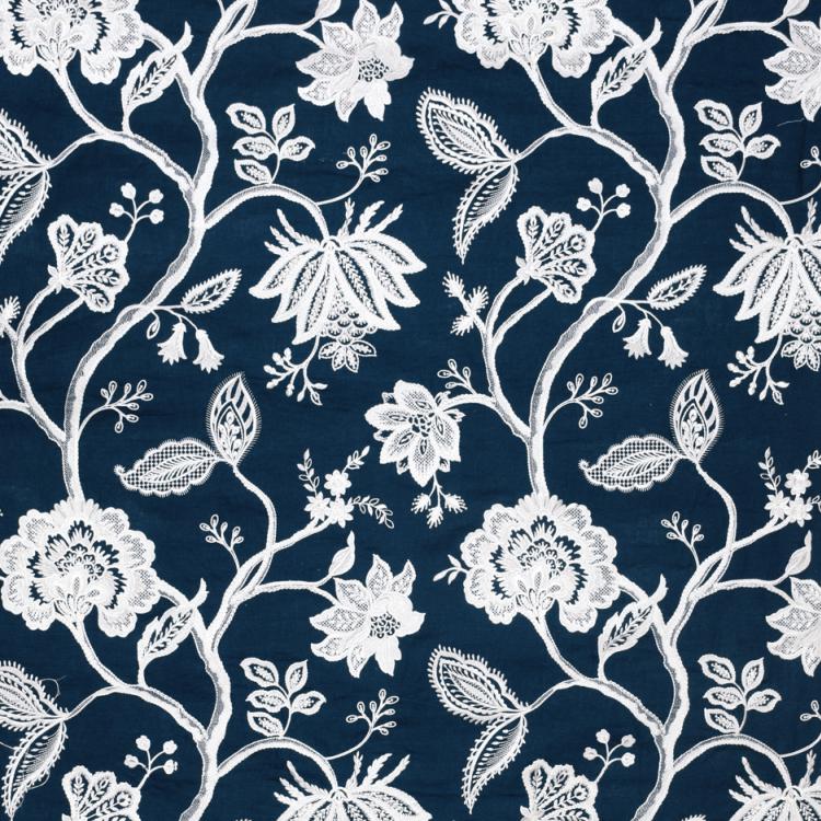 Hampton Court Navy Blue White Embroidered Jacobean Floral Linen Blend Fabric / Navy