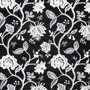 Hampton Court Embroidered Black and White Jacobean Floral Linen Blend Fabric / Onyx