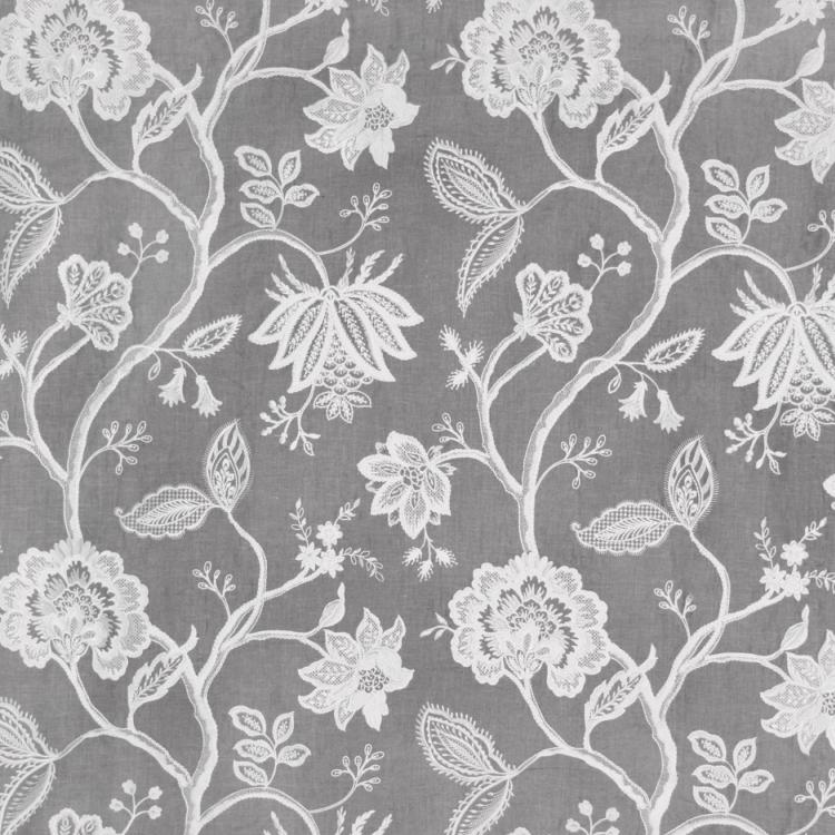 Hampton Court Gray Embroidered Jacobean Floral Linen Blend Fabric / Sterling