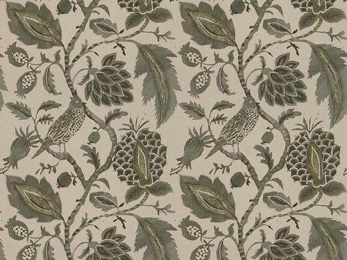 Water & Stain Resistant Cotton Linen Beige Charcoal Grey Green Floral Bird Upholstery Drapery Fabric