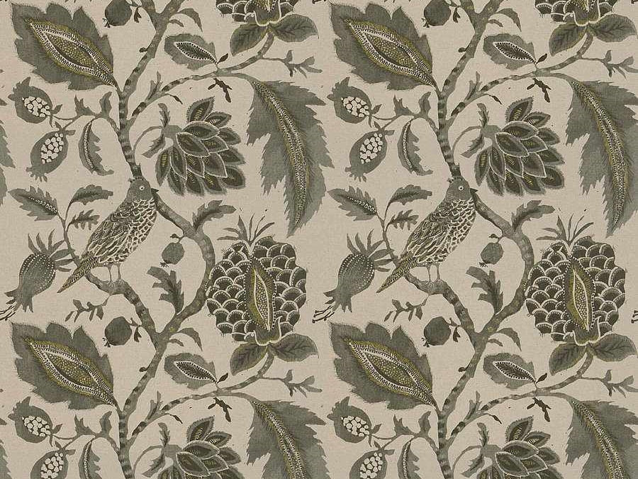 Water & Stain Resistant Cotton Linen Beige Charcoal Grey Green Floral Bird Upholstery Drapery Fabric