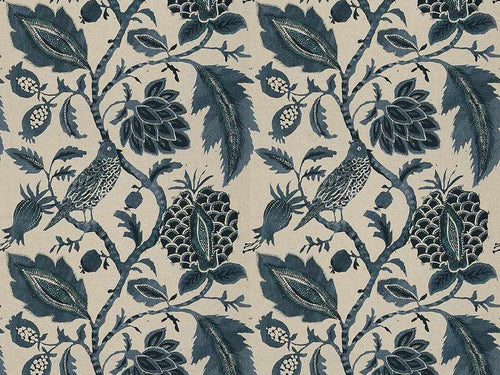 Water & Stain Resistant Cotton Linen Beige Navy Denim Blue Floral Bird Upholstery Drapery Fabric