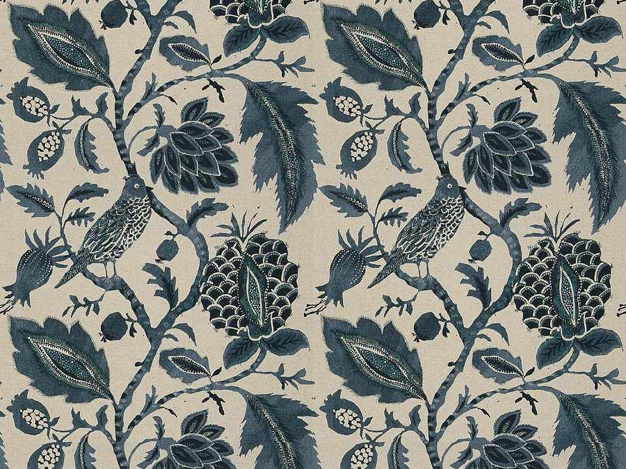 Water & Stain Resistant Cotton Linen Beige Navy Denim Blue Floral Bird Upholstery Drapery Fabric