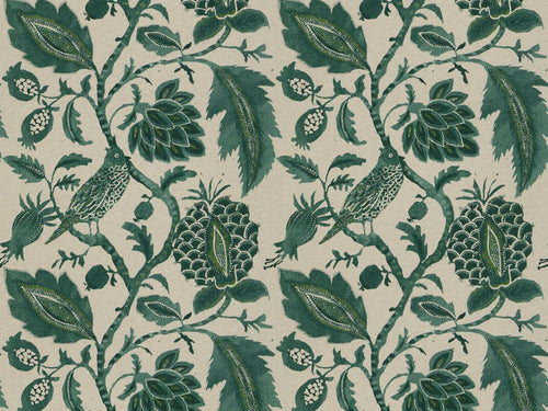 Water & Stain Resistant Cotton Linen Beige Teal Green Floral Bird Upholstery Drapery Fabric