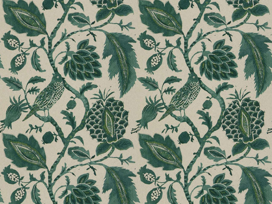 Water & Stain Resistant Cotton Linen Beige Teal Green Floral Bird Upholstery Drapery Fabric