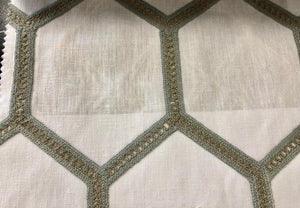 Cotton Linen Embroidered Drapery Fabric Trellis Beige Green Blue / RMIL13
