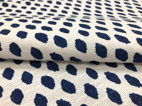 Designer Cotton White Navy Blue Abstract Dots Upholstery Drapery Fabric
