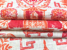 Load image into Gallery viewer, Richloom Teahouse Toile Chinoiserie Pagoda Linen Rayon Red Orange Beige Upholstery Drapery Fabric