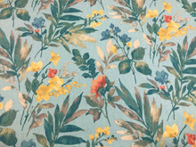 Load image into Gallery viewer, Aqua Blue Teal Yellow Orange Taupe Floral Botanical Cotton Upholstery Drapery Fabric