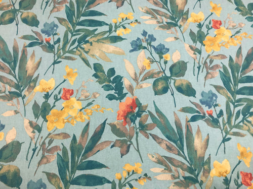 Aqua Blue Teal Yellow Orange Taupe Floral Botanical Cotton Upholstery Drapery Fabric