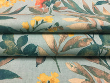 Load image into Gallery viewer, Aqua Blue Teal Yellow Orange Taupe Floral Botanical Cotton Upholstery Drapery Fabric