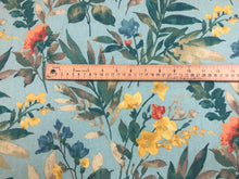 Load image into Gallery viewer, Aqua Blue Teal Yellow Orange Taupe Floral Botanical Cotton Upholstery Drapery Fabric