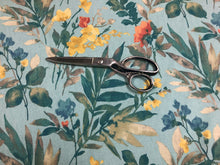 Load image into Gallery viewer, Aqua Blue Teal Yellow Orange Taupe Floral Botanical Cotton Upholstery Drapery Fabric