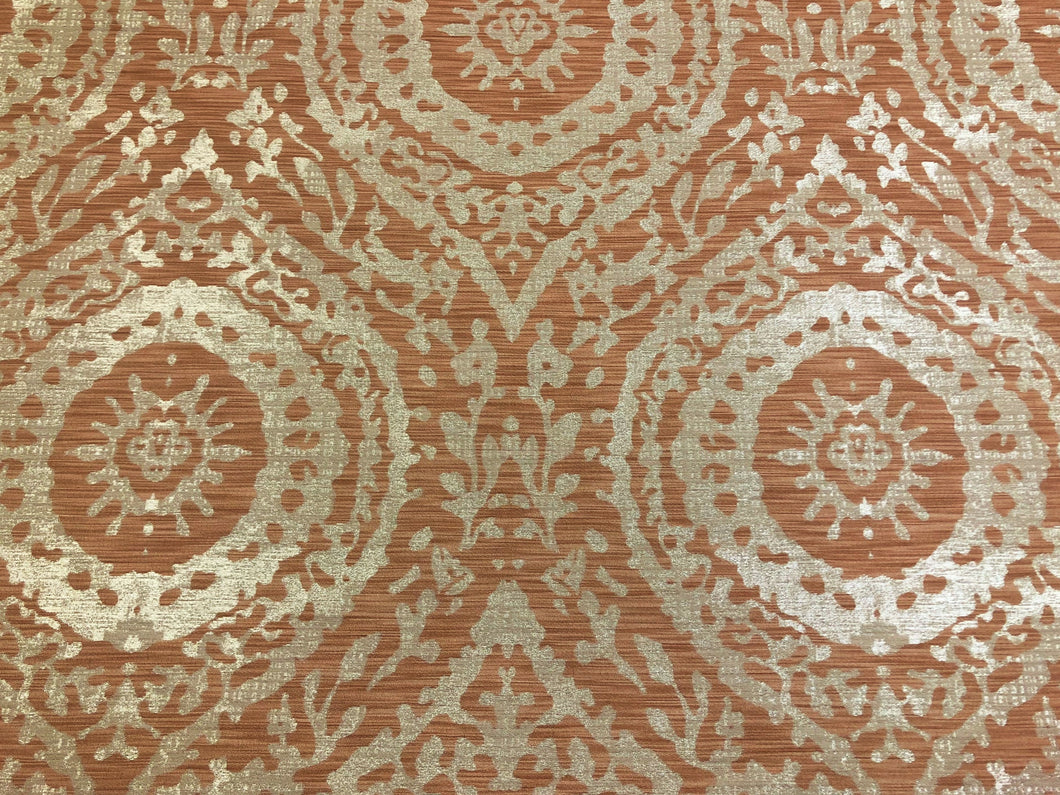 Designer Rusty Coral Taupe Beige Medallion Suzani Upholstery Drapery Fabric