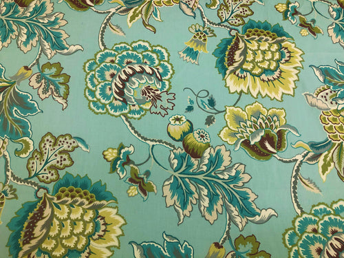 Spa Blue Aqua Green Brown Teal Cream Jacobean Floral Cotton Upholstery Drapery Fabric