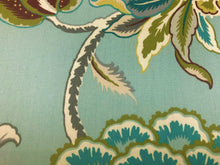 Load image into Gallery viewer, Spa Blue Aqua Green Brown Teal Cream Jacobean Floral Cotton Upholstery Drapery Fabric
