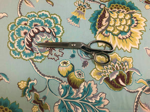 Spa Blue Aqua Green Brown Teal Cream Jacobean Floral Cotton Upholstery Drapery Fabric