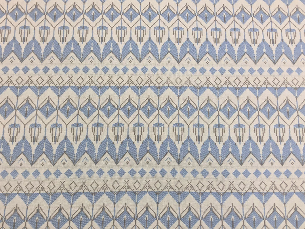 Designer Off White Light Blue Grey Geometric Tribal Upholstery Drapery Fabric