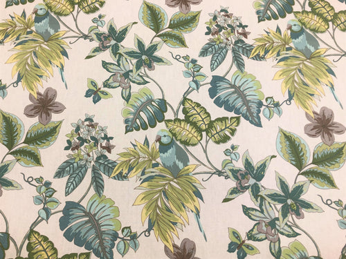 Ivory Seafoam Yellow Green Blue Floral Tropical Bird Print Cotton Upholstery Drapery Fabric
