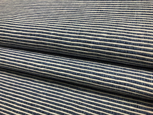 Designer Woven Navy Blue White Ticking Stripe Upholstery Drapery Fabric
