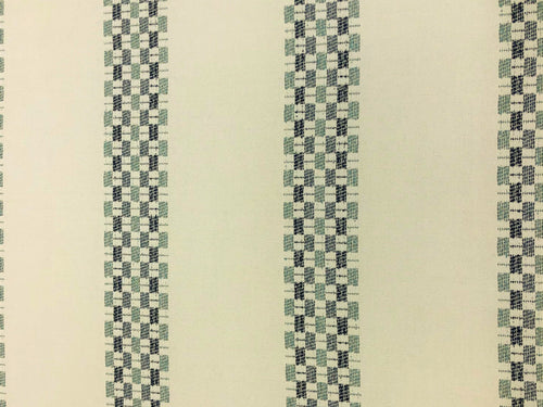 Designer Water & Stain Resistant Indoor Outdoor Off White Navy Blue Aqua Geometric Stripe Nautical Upholstery Drapery Fabric