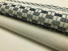 Load image into Gallery viewer, Designer Water &amp; Stain Resistant Indoor Outdoor Off White Navy Blue Aqua Geometric Stripe Nautical Upholstery Drapery Fabric