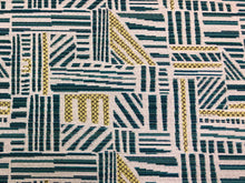 Load image into Gallery viewer, Designer Water &amp; Stain Resistant Teal Green Off White Abstract Geometric Upholstery Drapery Fabric