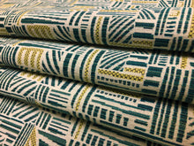 Load image into Gallery viewer, Designer Water &amp; Stain Resistant Teal Green Off White Abstract Geometric Upholstery Drapery Fabric
